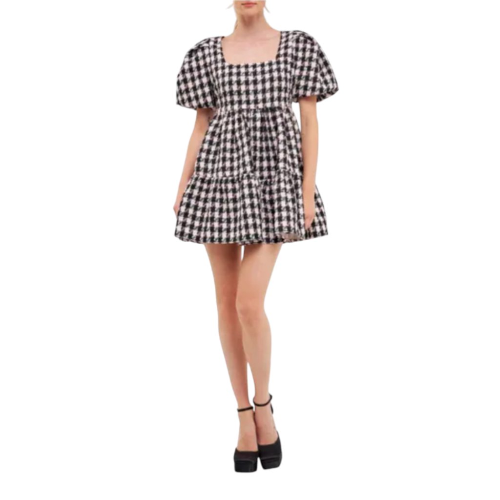 English Factory Tweed Mini Dress Womens Xs Black Pink Short Puff Sleeve Babydoll